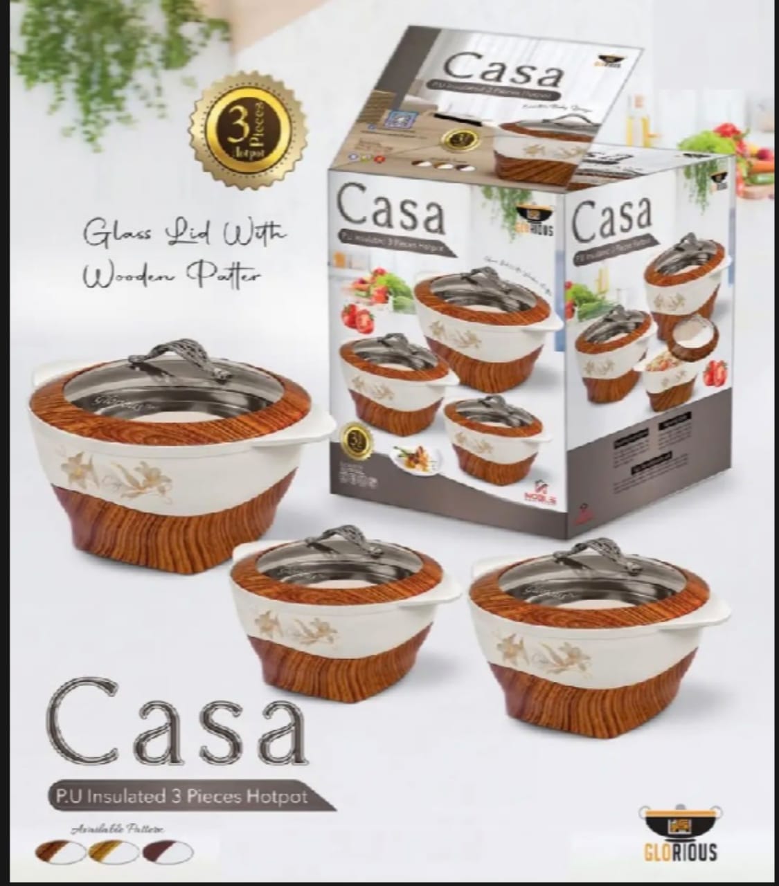 Woody Casserole Hotpot Set (Glass Top) | 3 Pcs